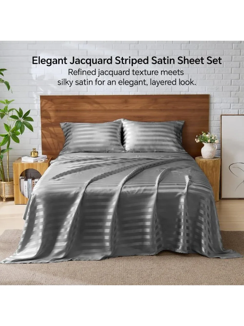 Luxurious Dark Grey Jacquard Striped Satin King Size Sheet Set - 4 Pieces